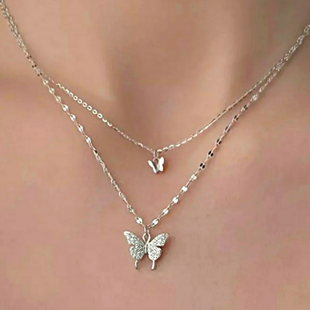 NEW 2-Layer Silver Butterfly Pendant Necklace with Rhinestones